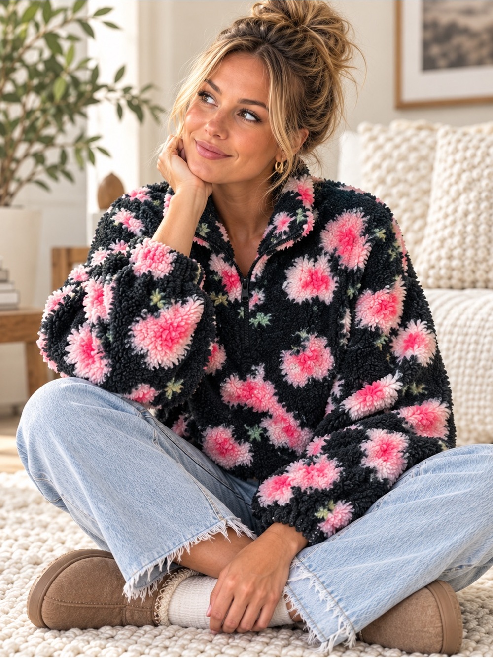 Sandy Liang x Target Floral Faux Fur Fleece Quarter Zip Pullover Jacket M